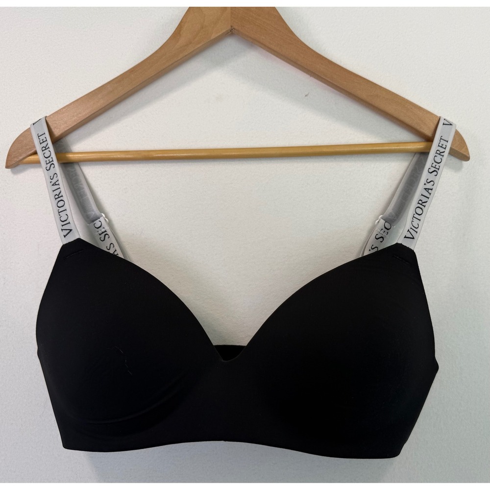 Victoria's Secret T-Shirt Lightly Lined Wireless Bra Black Logo Strap Sz‎ 34D